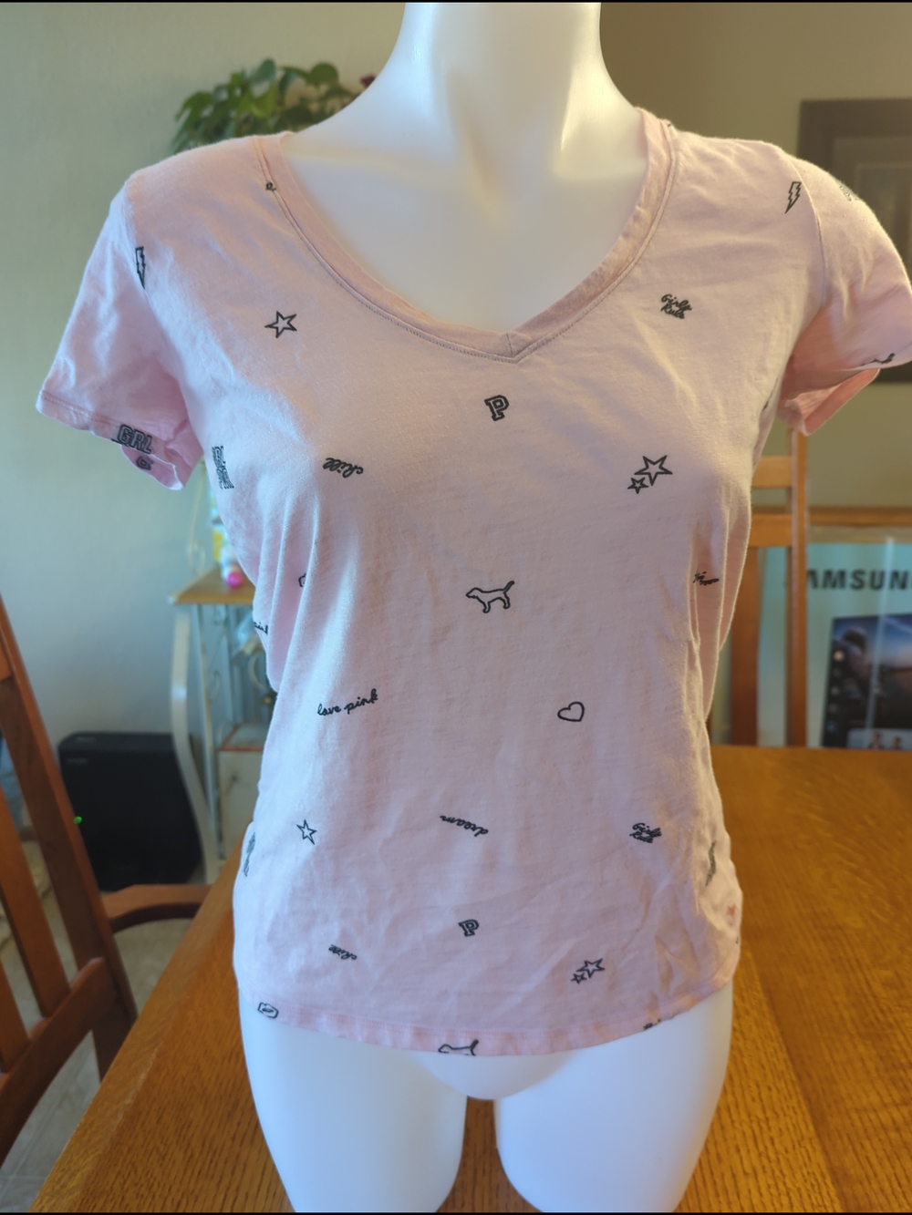 Victoria Secret │Pink Shirt │ Women's Pink V- Neck All Over Logo │Small │FLAW